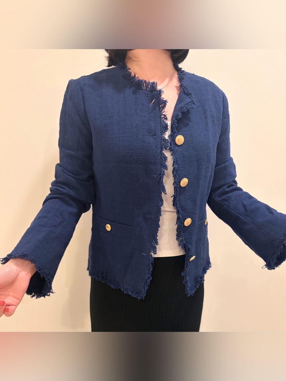 NWT rag & bone Navy Tweed Fringe Jacket with Gold Buttons